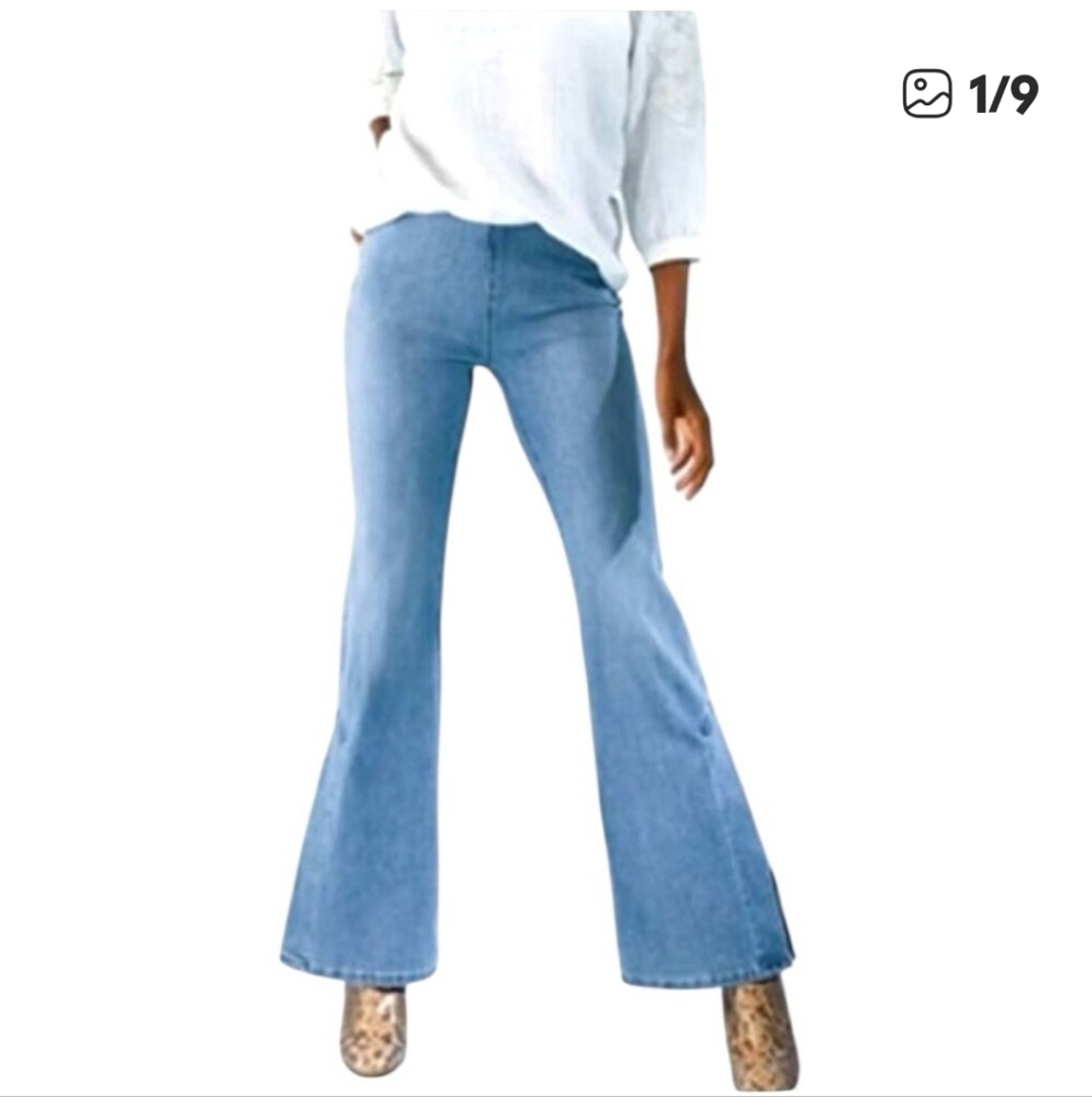 Soft Surroundings Blue Flare Wide Leg Jeans With Slit Hem